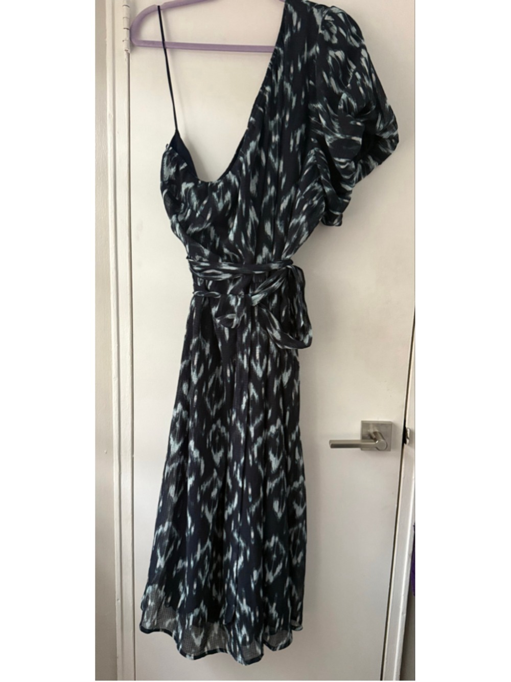 Lane Bryant One Shoulder Print Midi Dress Blue Bubble-Sleeve Ikat Sz 28 $110